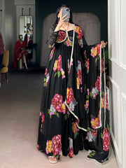 Adorable Black Floral Printed Chiffon Party Wear Gown With Dupatta