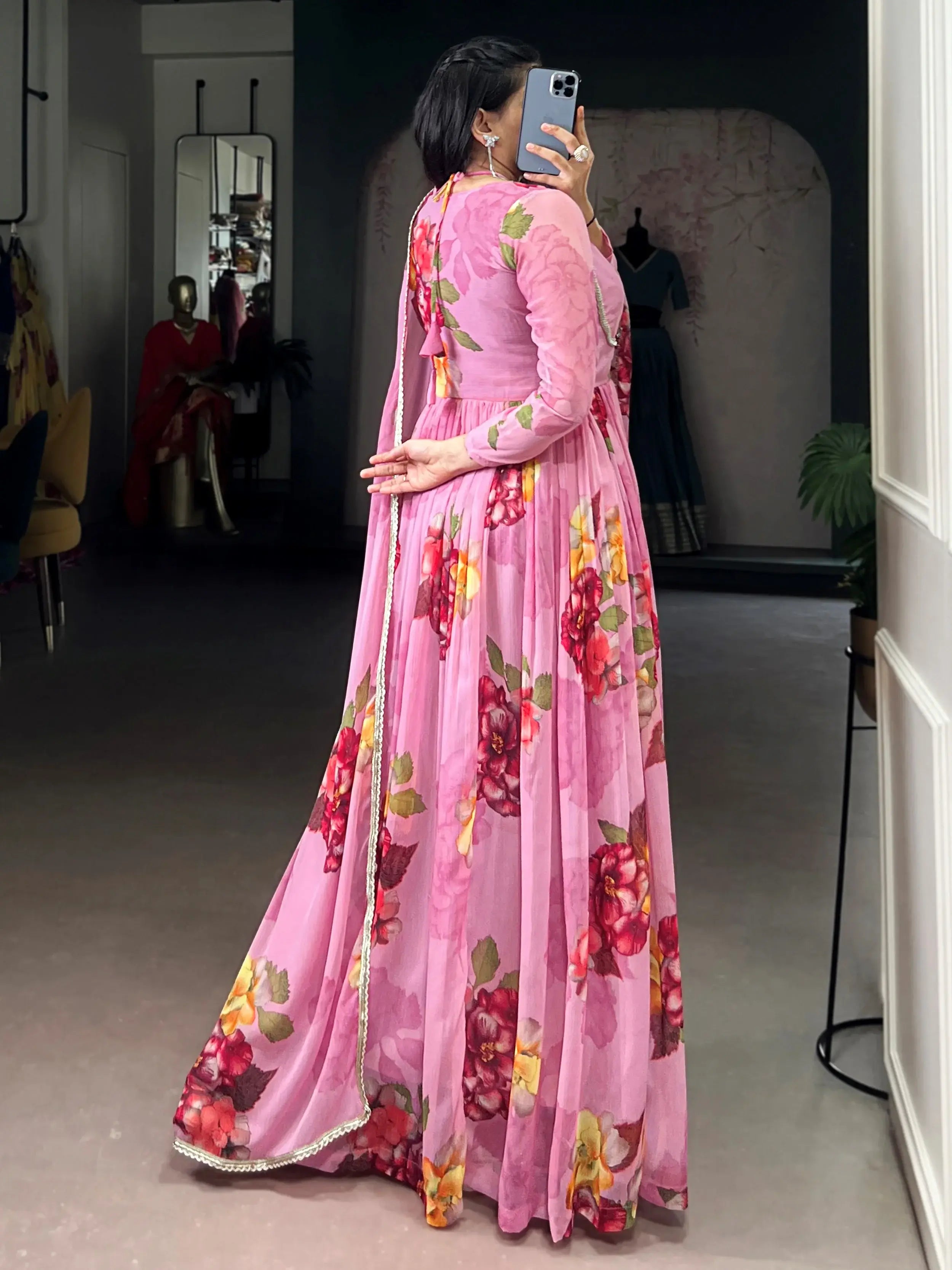 Great Light Pink Floral Printed Chiffon Party Wear Gown With Dupatta