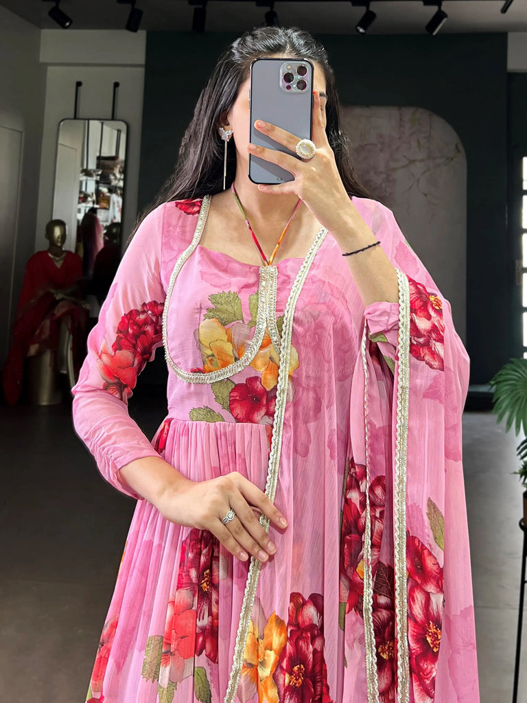 Great Light Pink Floral Printed Chiffon Party Wear Gown With Dupatta