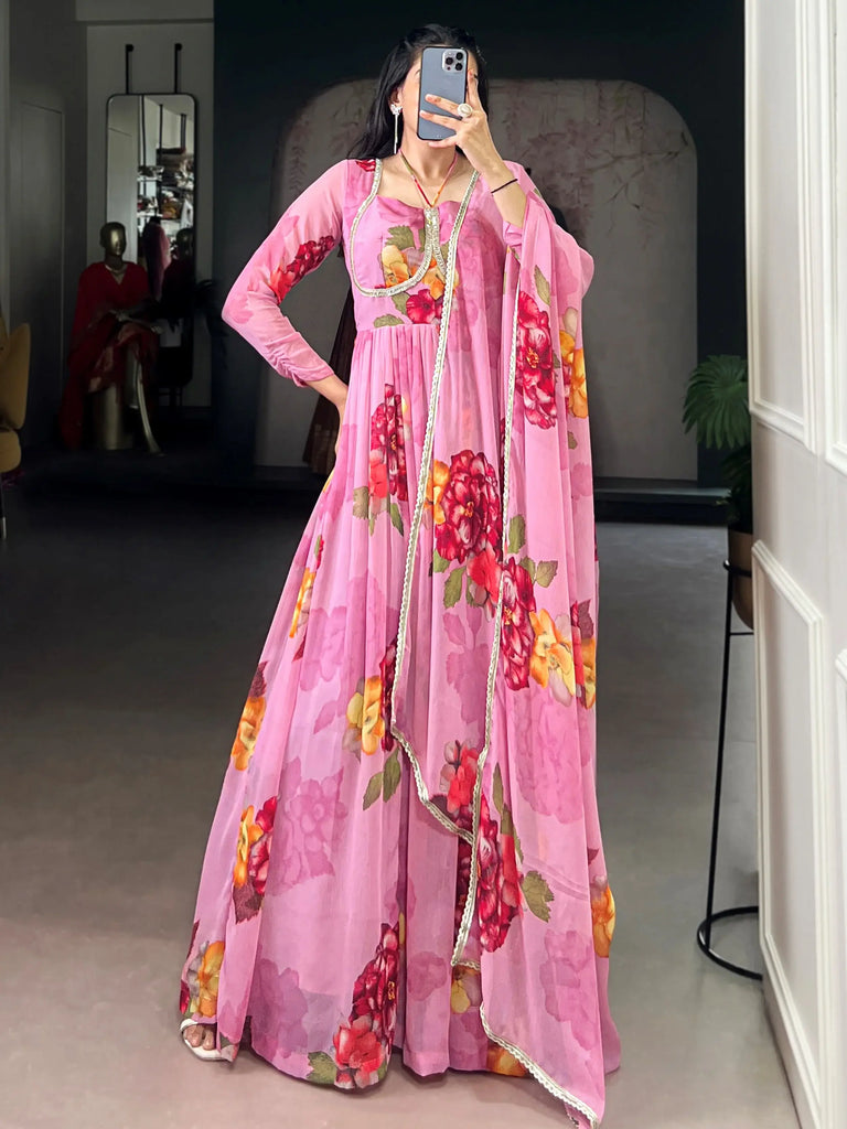 Great Light Pink Floral Printed Chiffon Party Wear Gown With Dupatta