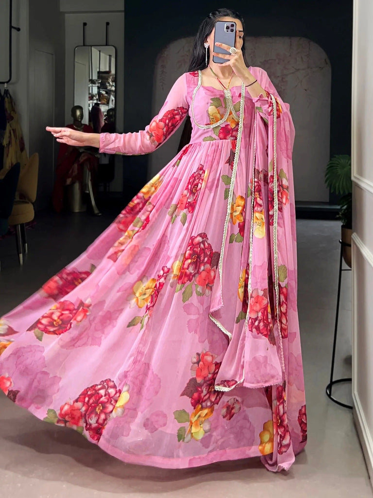 Great Light Pink Floral Printed Chiffon Party Wear Gown With Dupatta