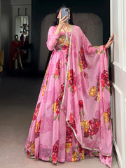 Great Light Pink Floral Printed Chiffon Party Wear Gown With Dupatta