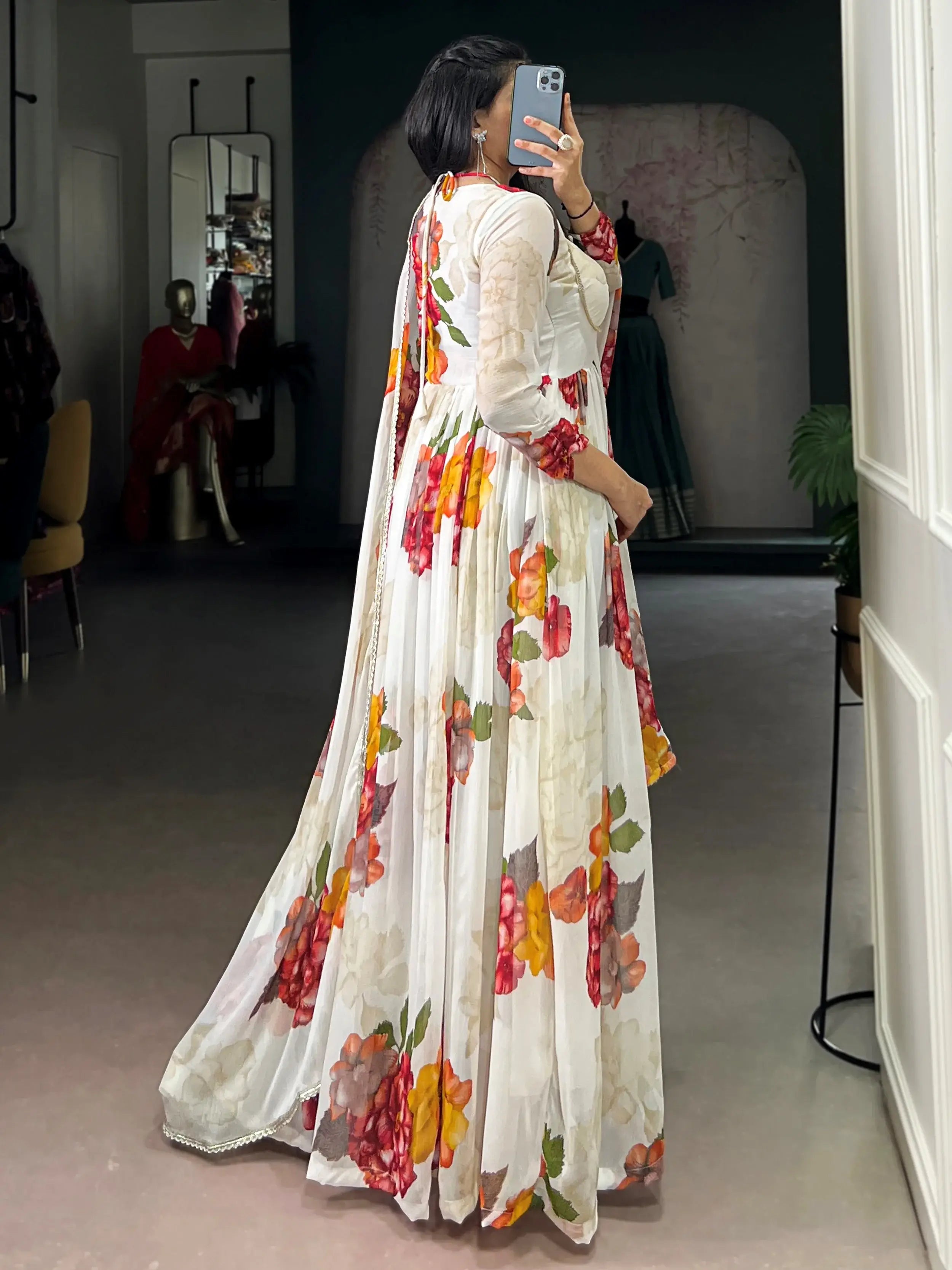 Fabulous Off-White Floral Printed Chiffon Festive Wear Gown With Dupatta