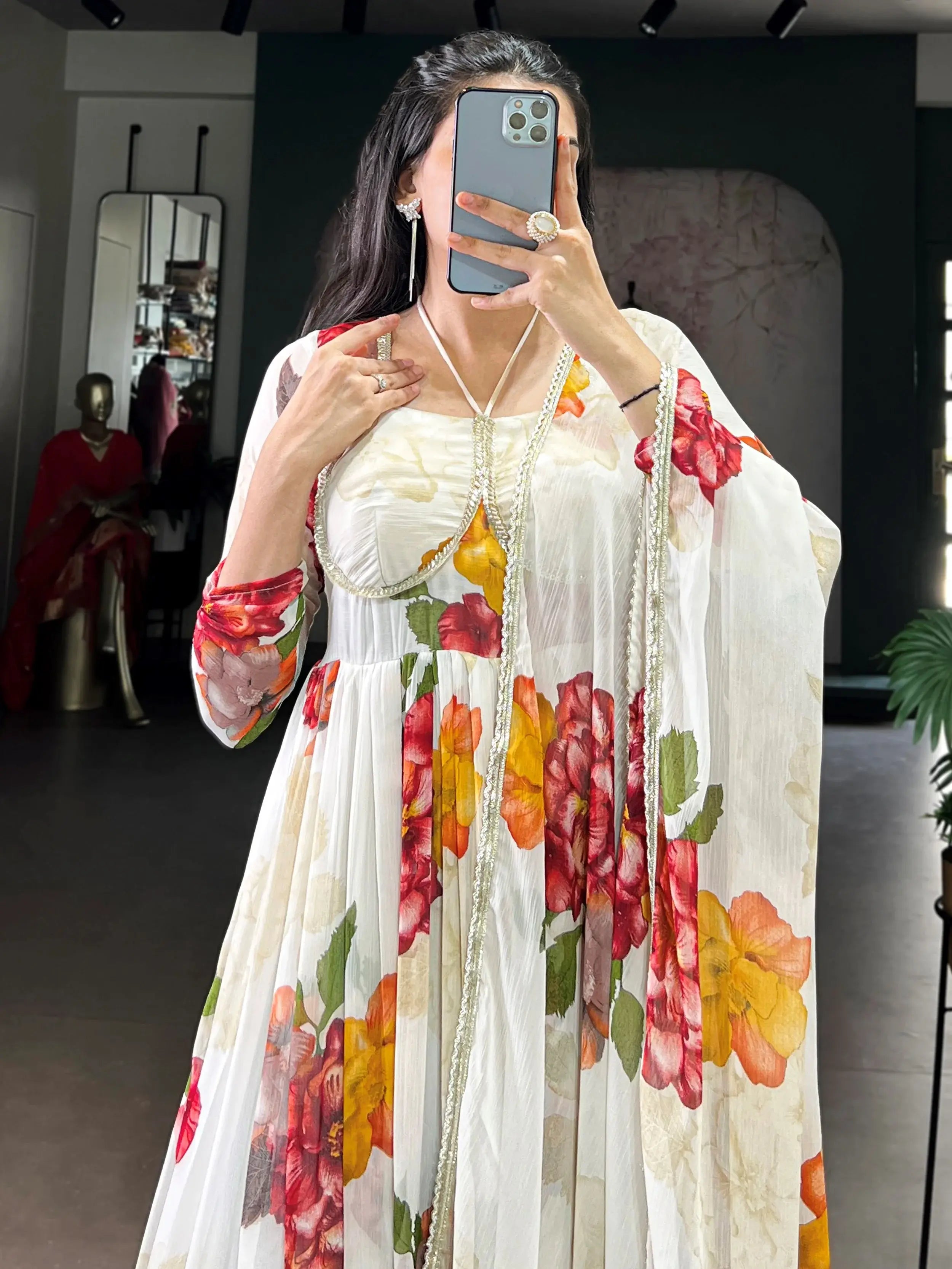 Fabulous Off-White Floral Printed Chiffon Festive Wear Gown With Dupatta