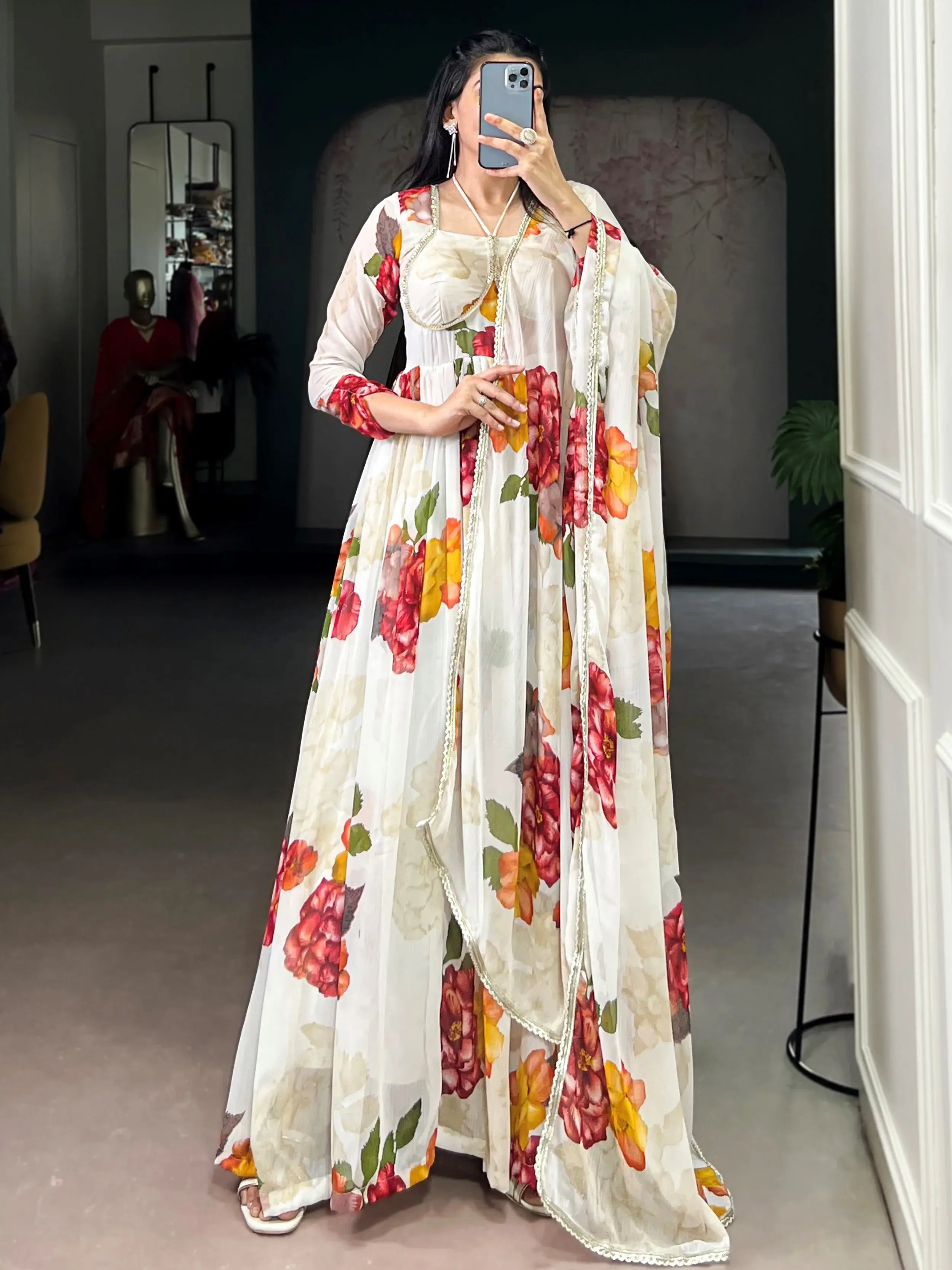 Fabulous Off-White Floral Printed Chiffon Festive Wear Gown With Dupatta