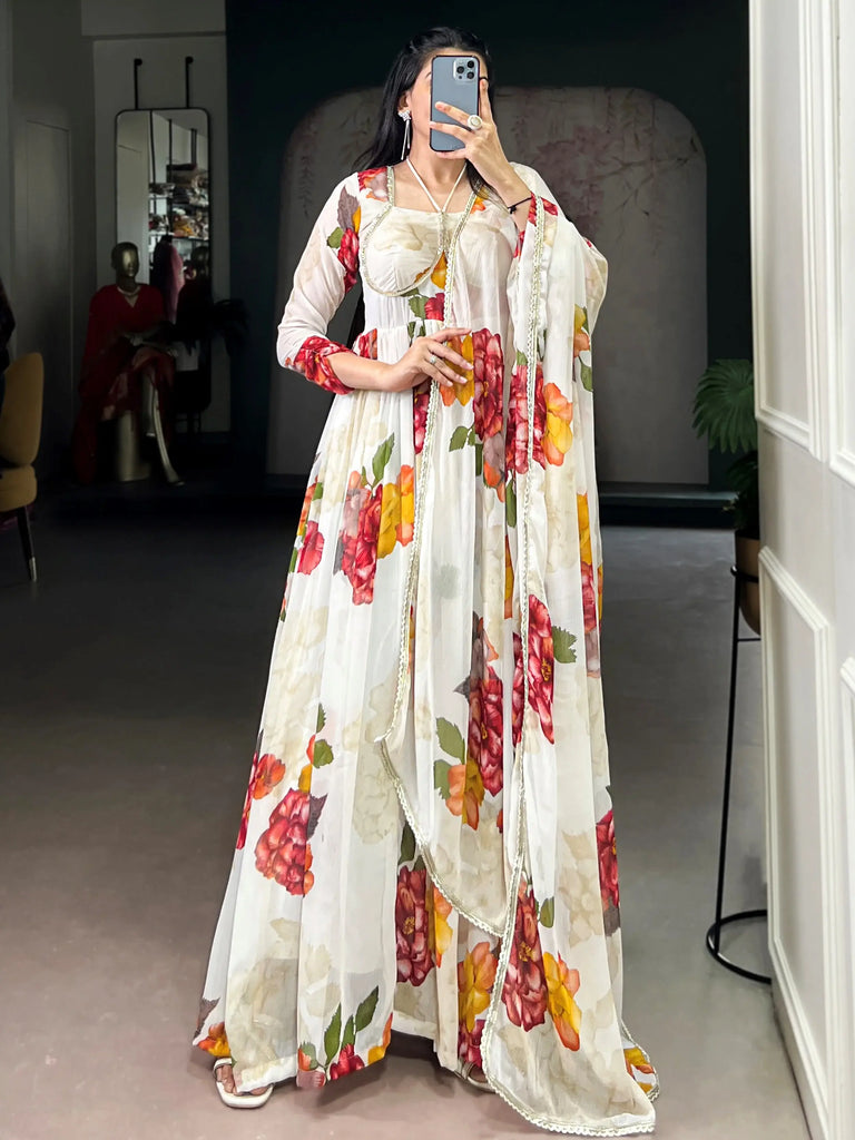 Fabulous Off-White Floral Printed Chiffon Festive Wear Gown With Dupatta