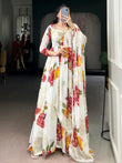 Fabulous Off-White Floral Printed Chiffon Festive Wear Gown With Dupatta