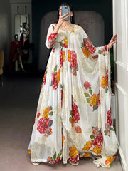 Fabulous Off-White Floral Printed Chiffon Festive Wear Gown With Dupatta