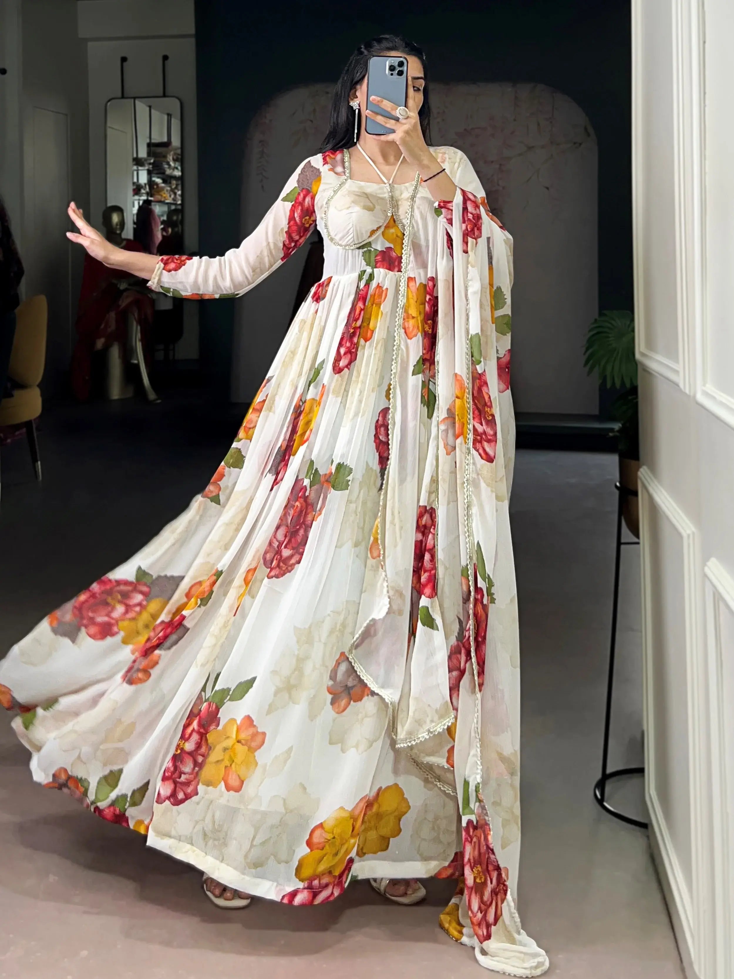 Fabulous Off-White Floral Printed Chiffon Festive Wear Gown With Dupatta