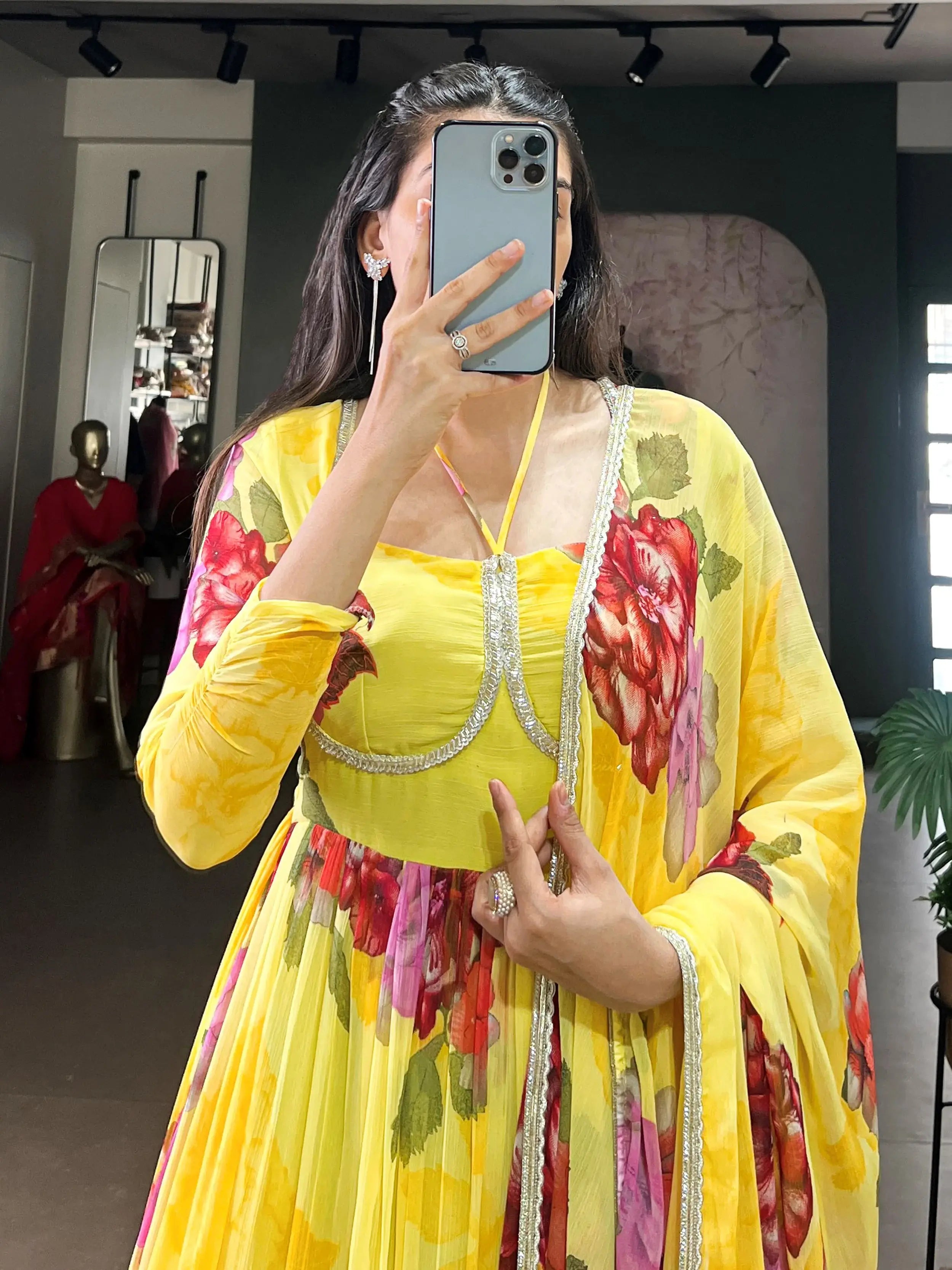 Wonderful Yellow Floral Printed Chiffon Festive Wear Gown With Dupatta