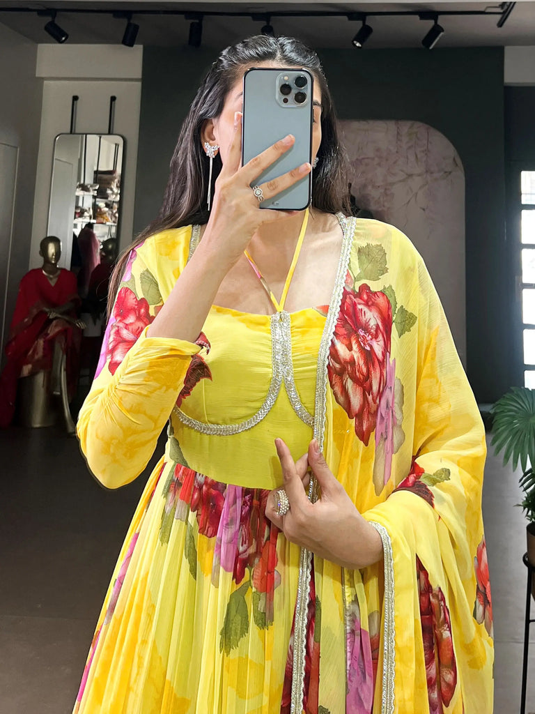 Wonderful Yellow Floral Printed Chiffon Festive Wear Gown With Dupatta