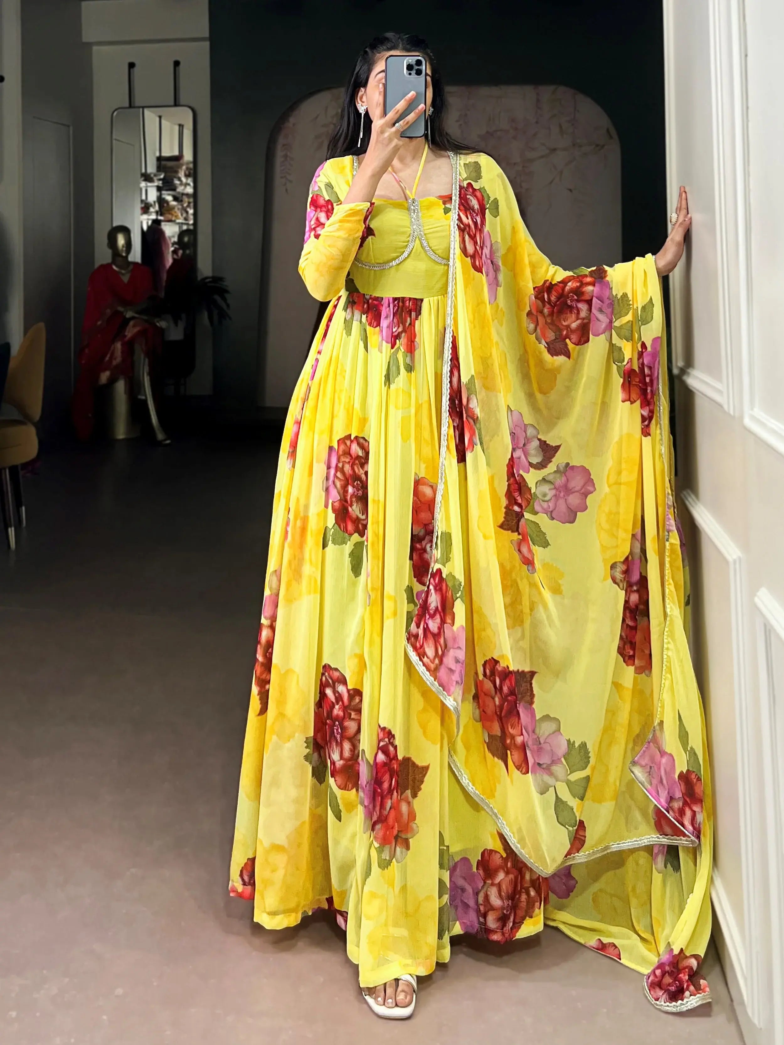 Wonderful Yellow Floral Printed Chiffon Festive Wear Gown With Dupatta