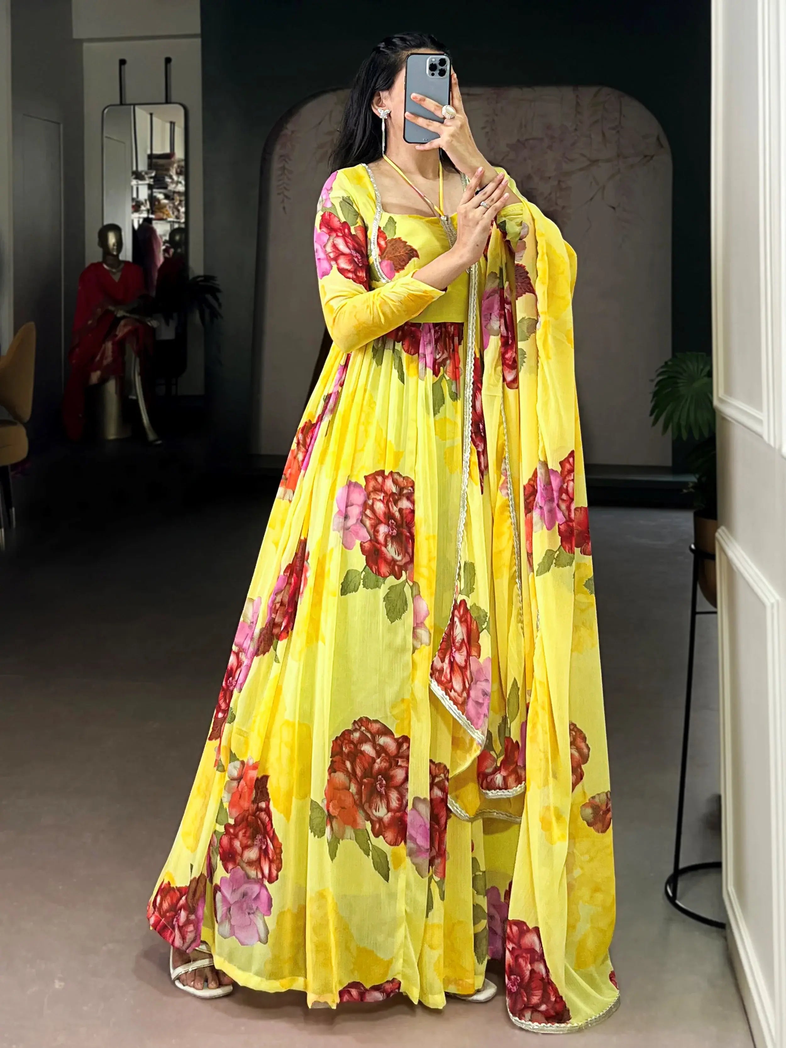 Wonderful Yellow Floral Printed Chiffon Festive Wear Gown With Dupatta