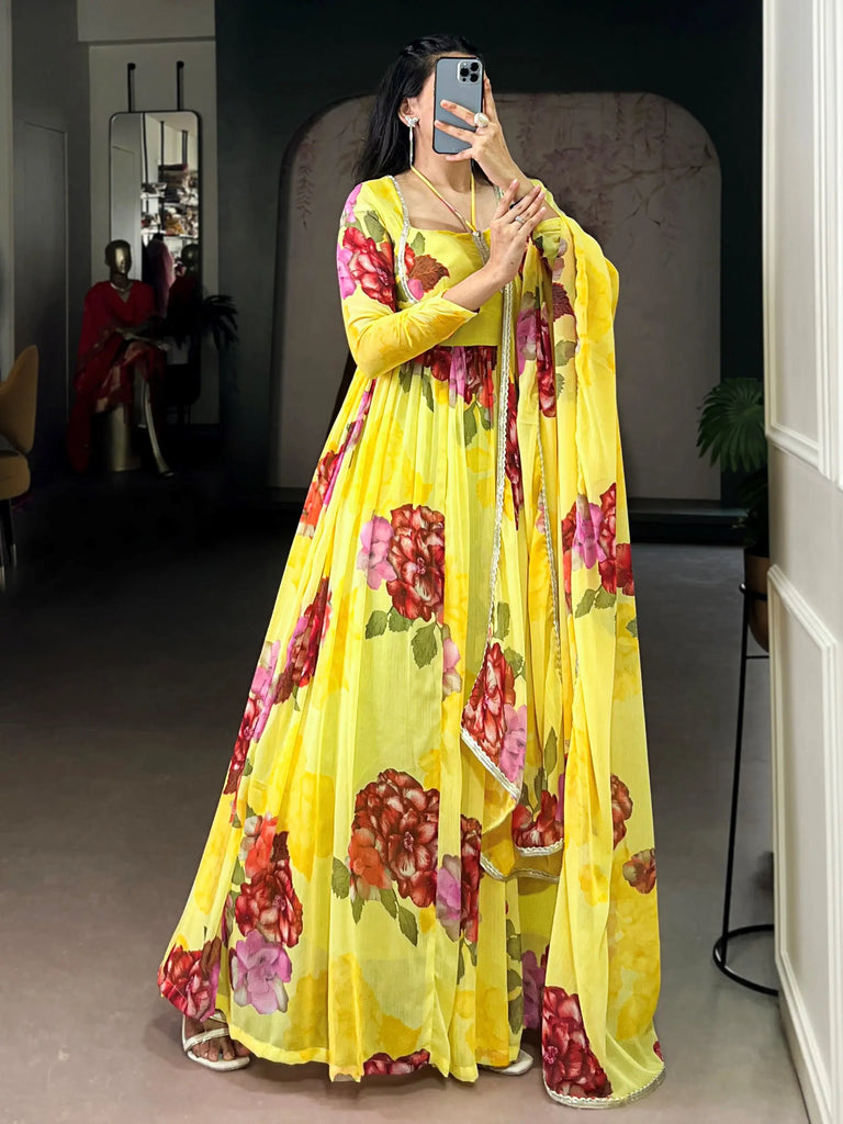 Wonderful Yellow Floral Printed Chiffon Festive Wear Gown With Dupatta