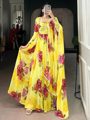 Wonderful Yellow Floral Printed Chiffon Festive Wear Gown With Dupatta