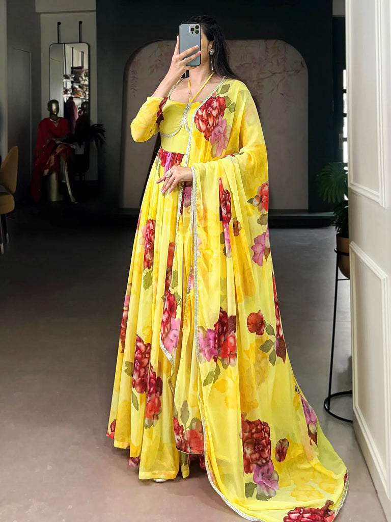 Wonderful Yellow Floral Printed Chiffon Festive Wear Gown With Dupatta