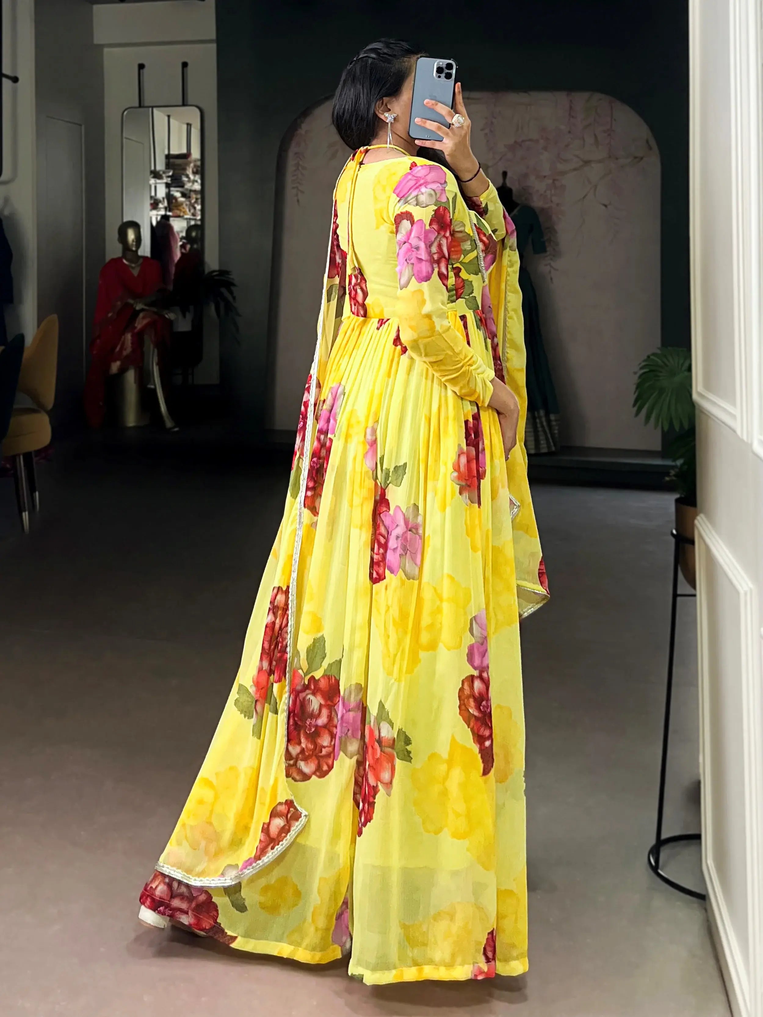 Wonderful Yellow Floral Printed Chiffon Festive Wear Gown With Dupatta