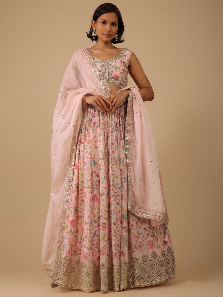 Gorgeous Peach Digital Printed Organza Sangeet Wear Lehenga Choli 
