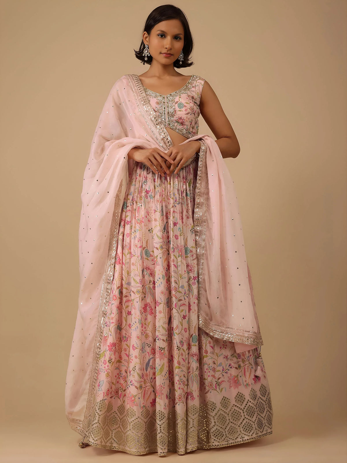 Gorgeous Peach Digital Printed Organza Sangeet Wear Lehenga Choli