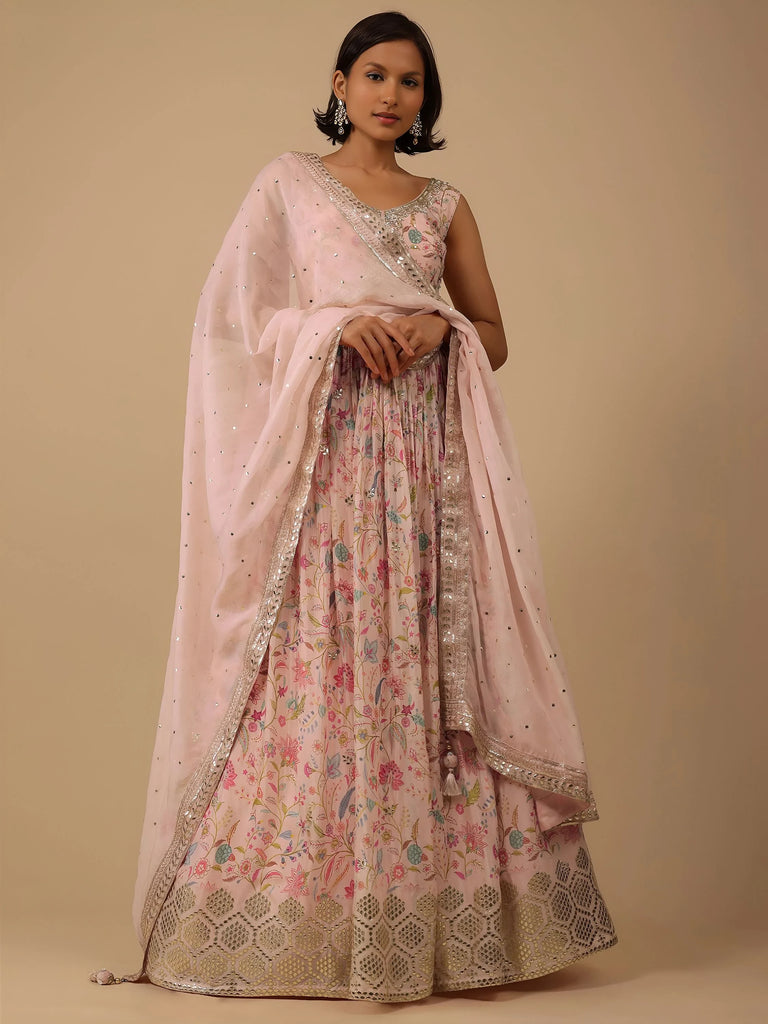Gorgeous Peach Digital Printed Organza Sangeet Wear Lehenga Choli