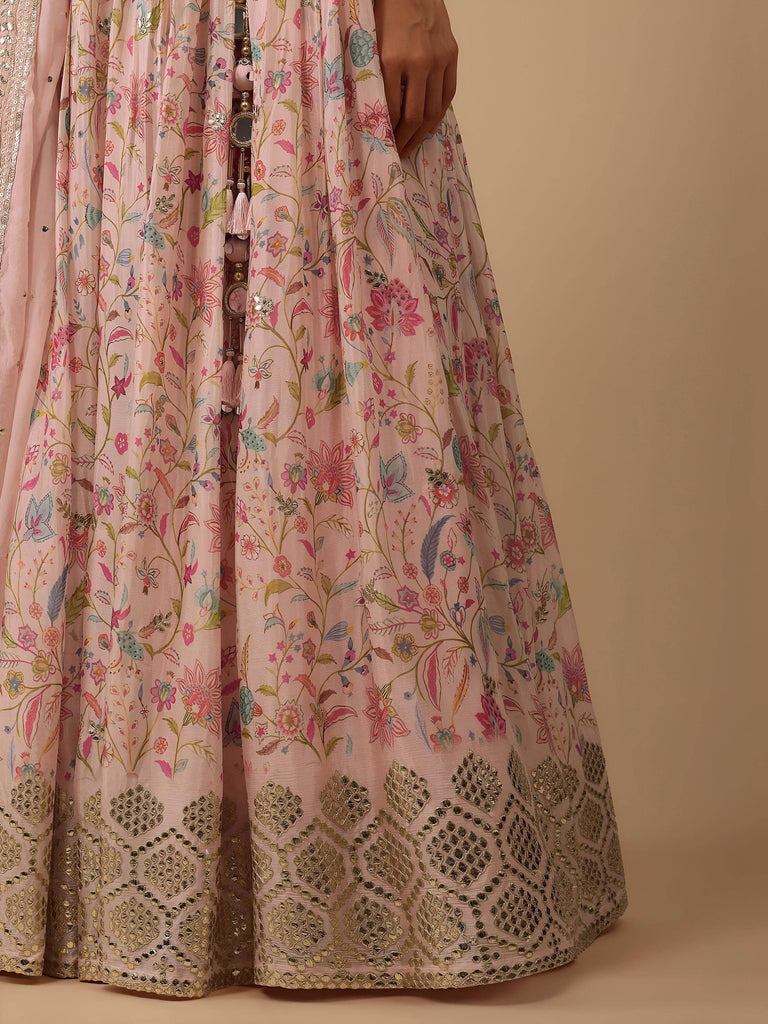 Gorgeous Peach Digital Printed Organza Sangeet Wear Lehenga Choli 