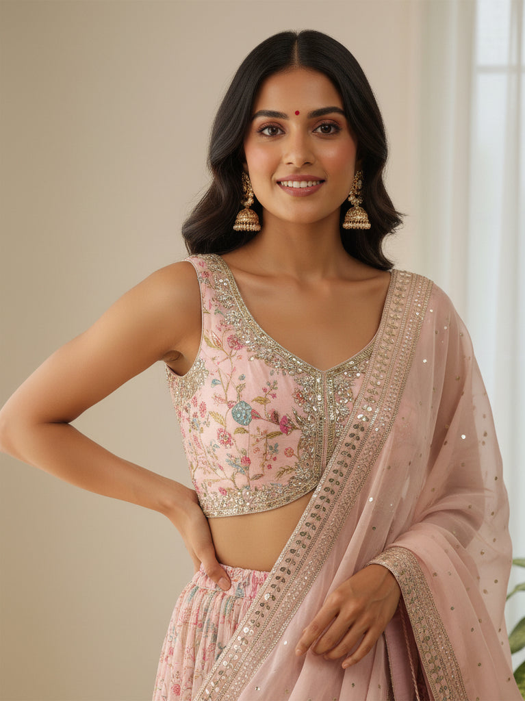 Stunning Peach Digital Printed Organza Festival Wear Lehenga Choli With Dupatta