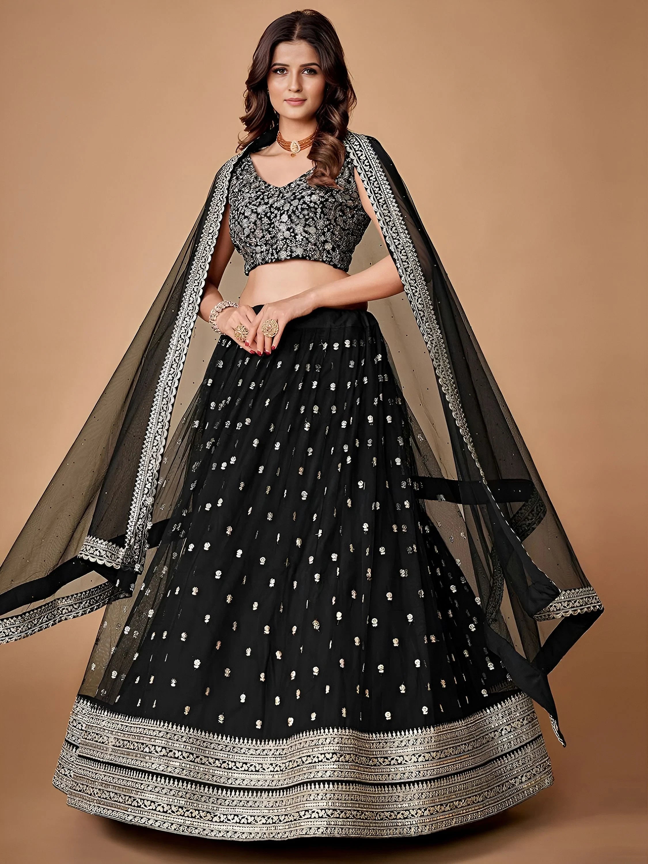 Glorious Black Sequins Embroidered Net Party Wear Lehenga Choli