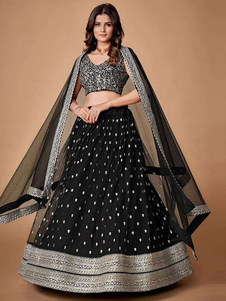 Glorious Black Sequins Embroidered Net Party Wear Lehenga Choli