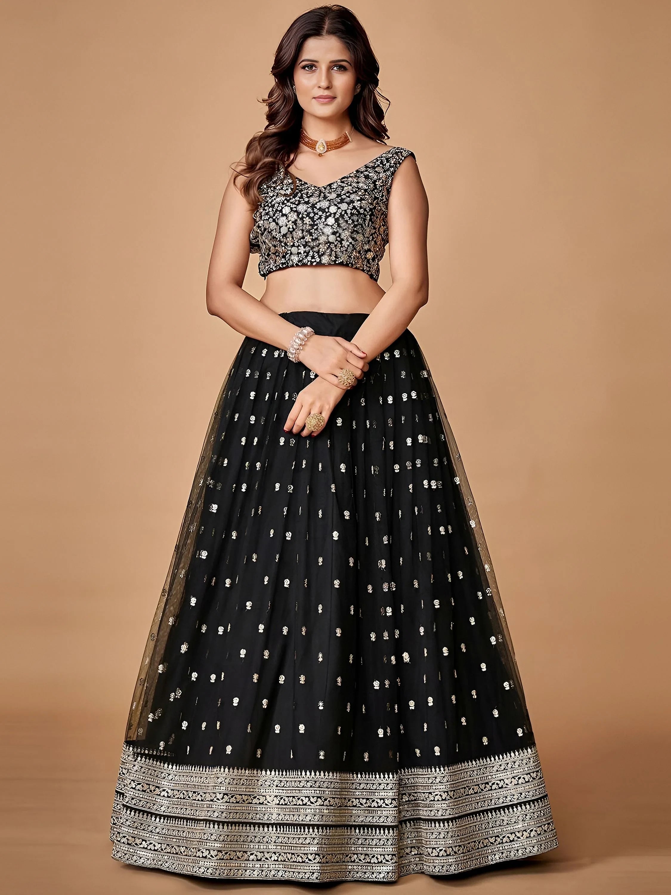 Glorious Black Sequins Embroidered Net Party Wear Lehenga Choli