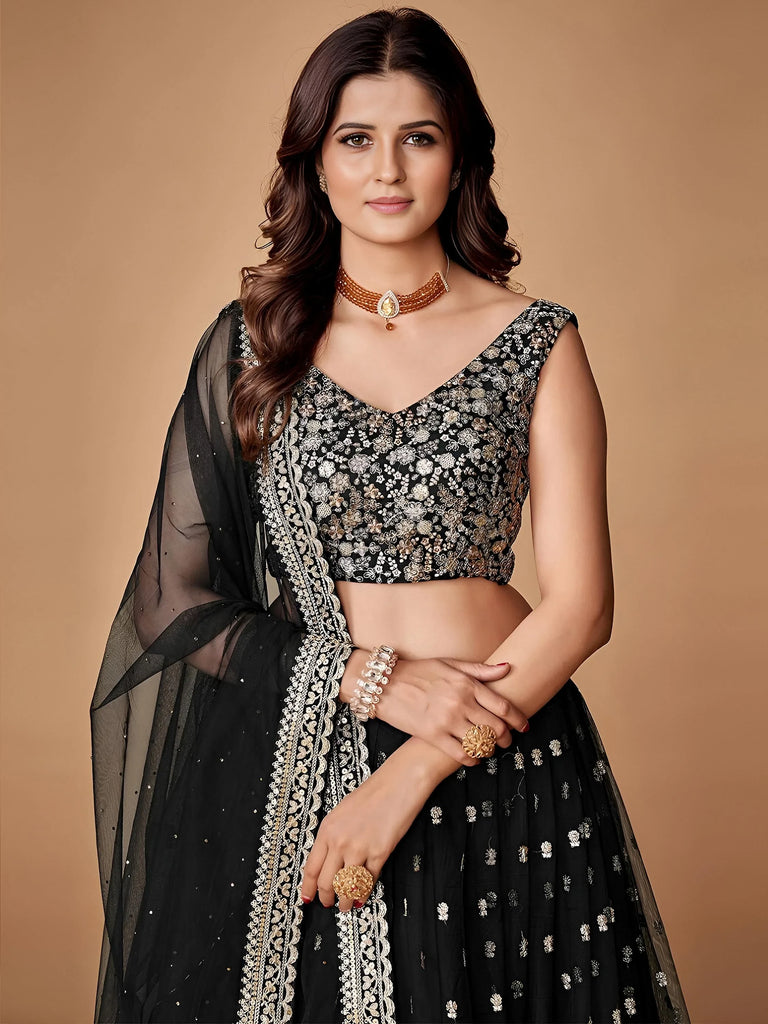 Glorious Black Sequins Embroidered Net Party Wear Lehenga Choli