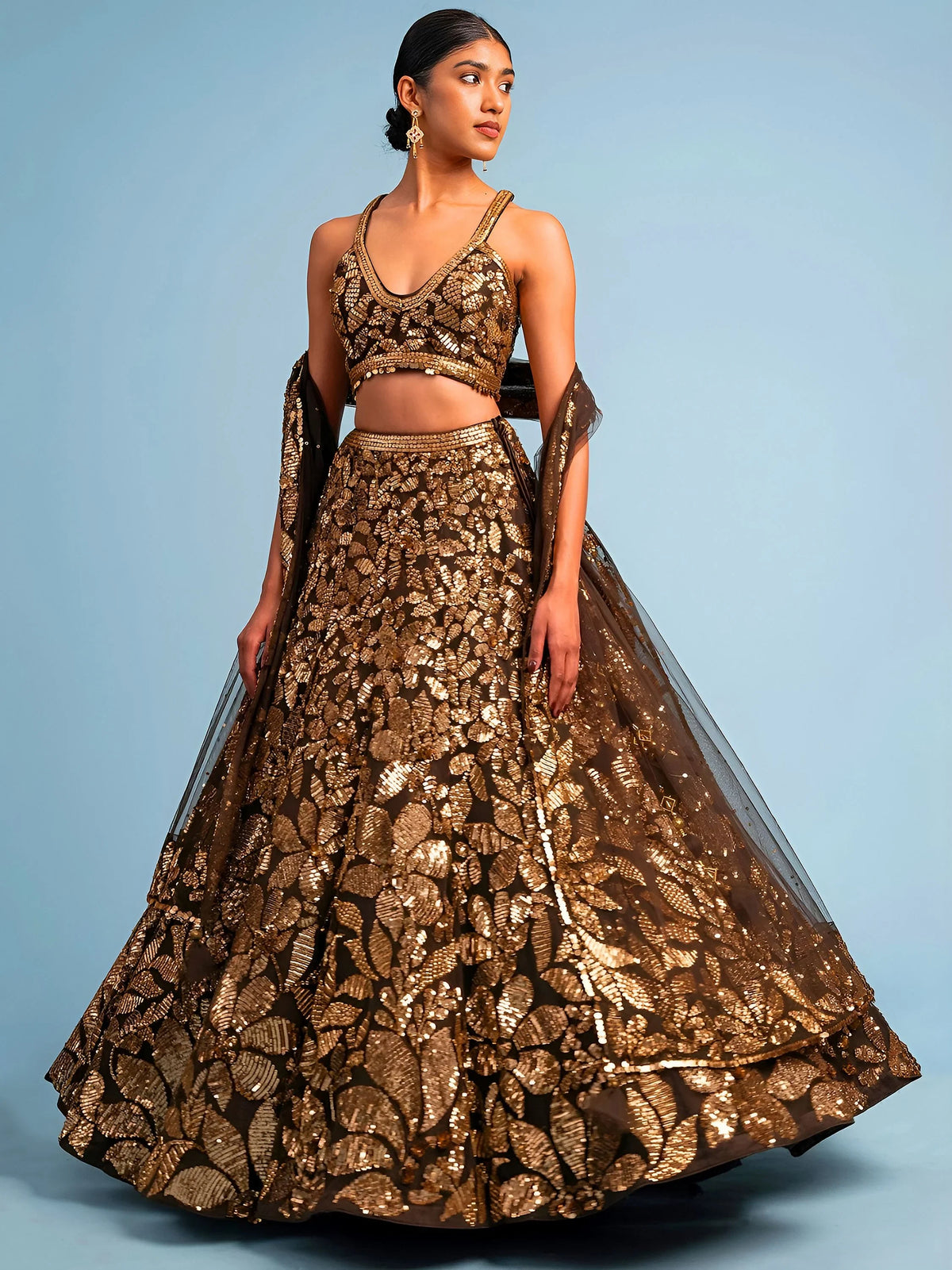 Super Brown Sequins Net Reception Wear Lehenga Choli With Dupatta