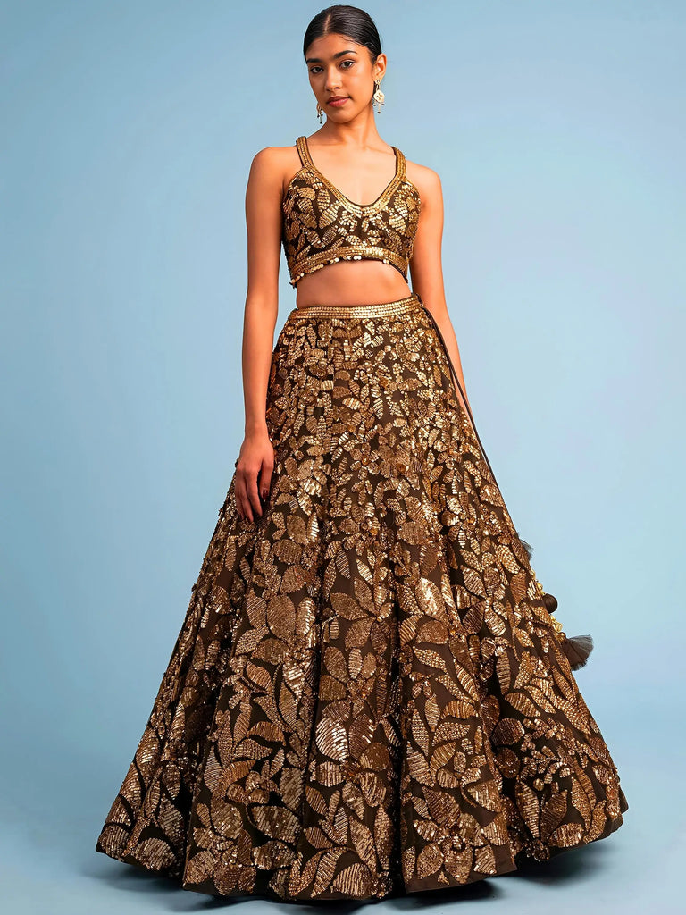 Super Brown Sequins Net Reception Wear Lehenga Choli With Dupatta