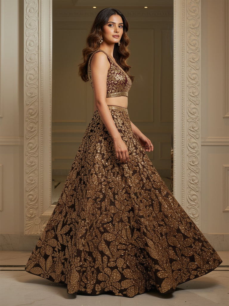 Elegant Brown Fully Sequins Net Reception Wear Lehenga Choli