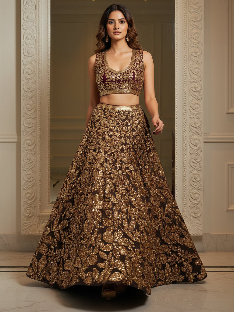 Elegant Brown Fully Sequins Net Reception Wear Lehenga Choli