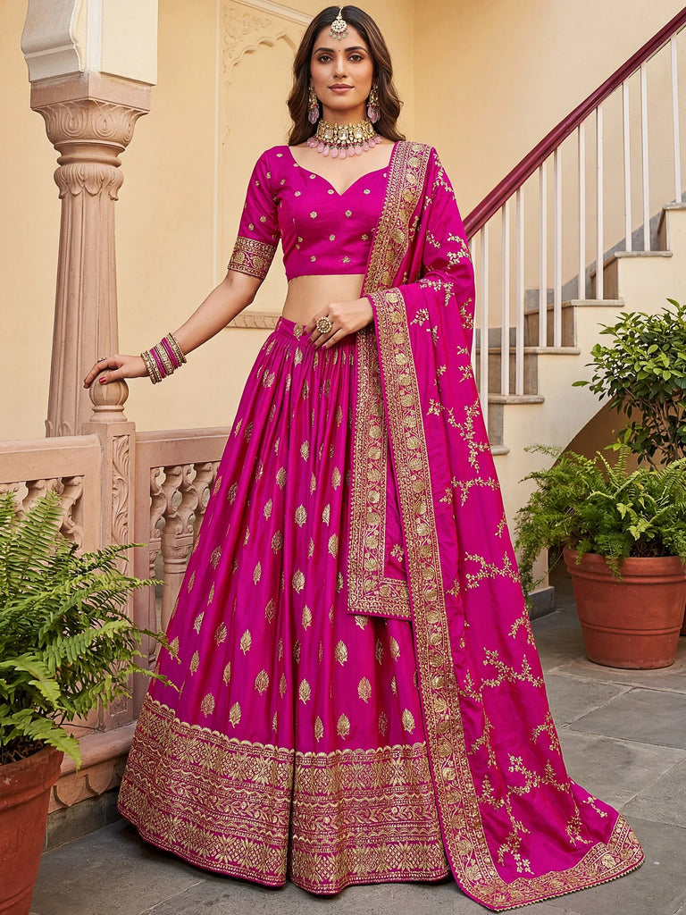 Gorgeous Pink Embroidered Silk Wedding Wear Plus Size Lehenga Choli