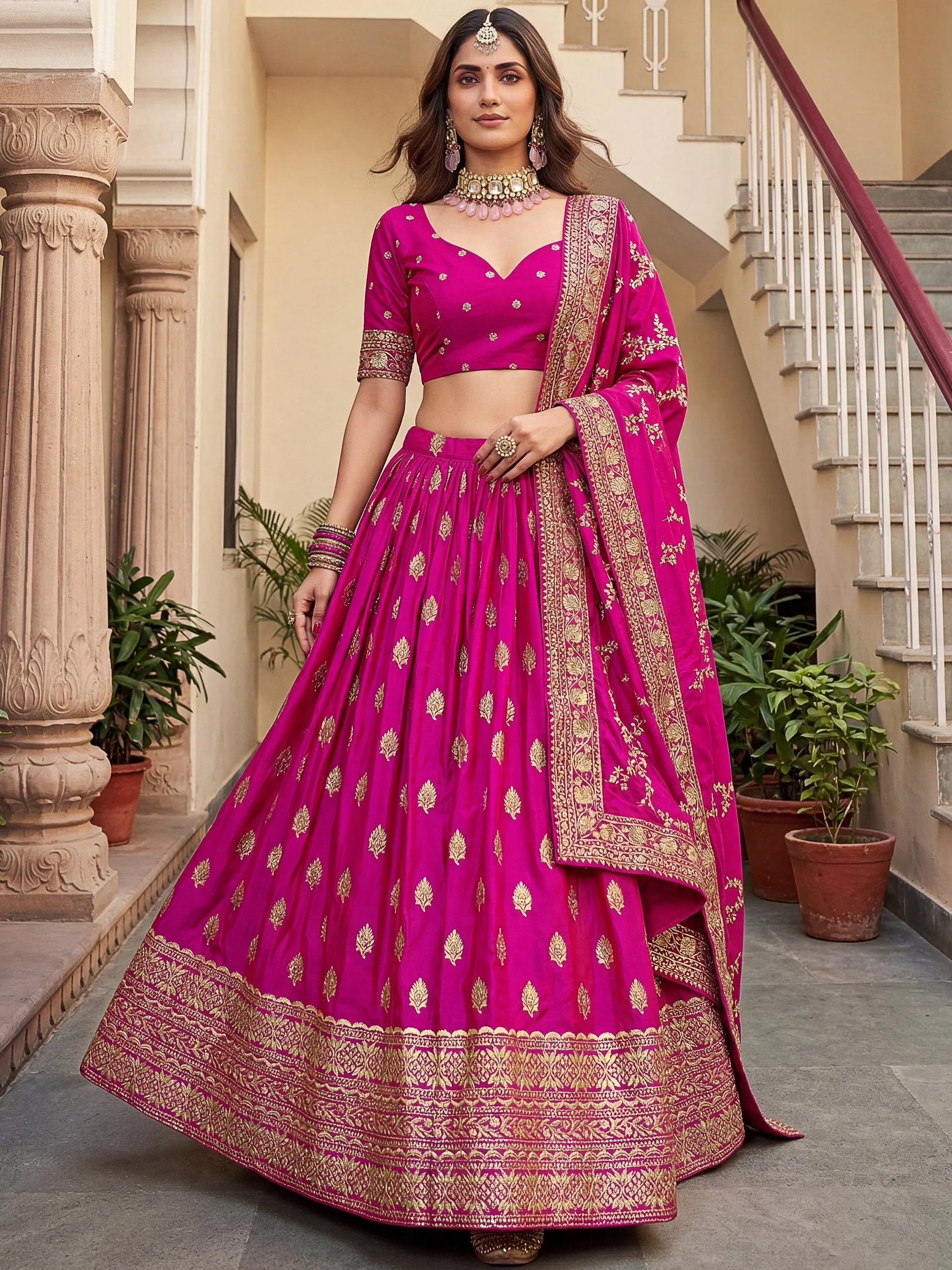 Gorgeous Pink Embroidered Silk Wedding Wear Plus Size Lehenga Choli