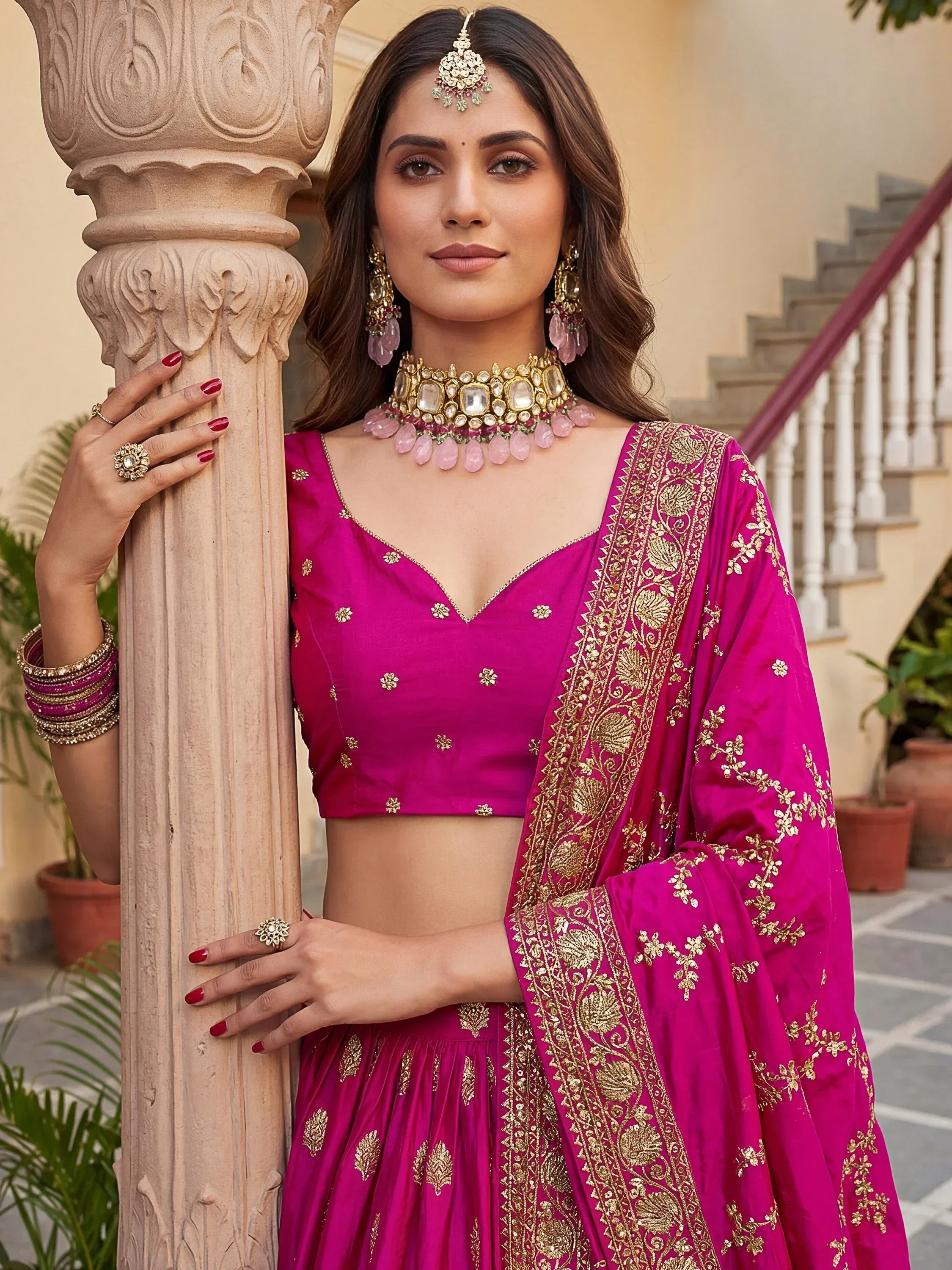 Gorgeous Pink Embroidered Silk Wedding Wear Plus Size Lehenga Choli
