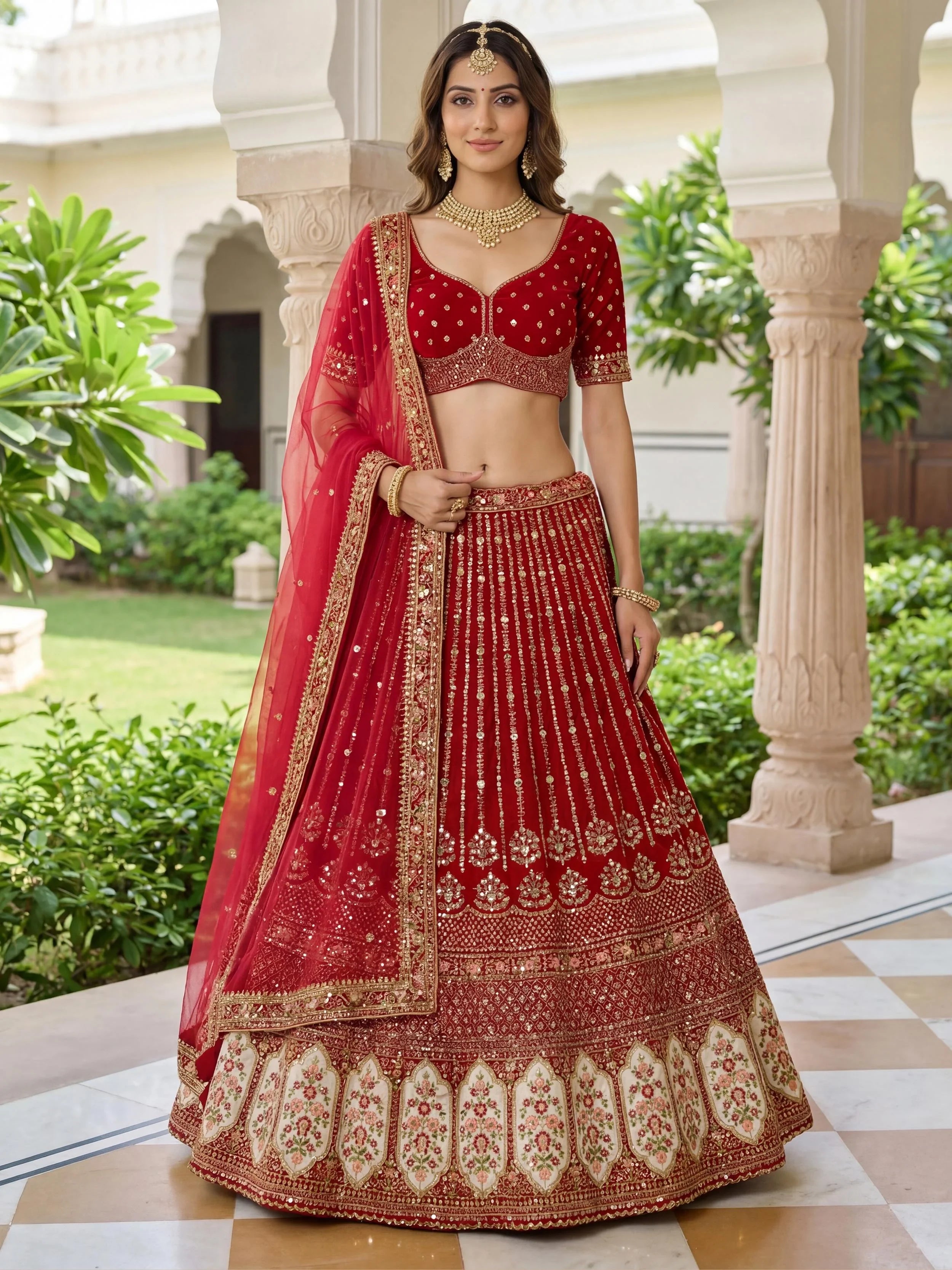 Incredible Maroon Embroidered Organza Bridal Lehenga Choli