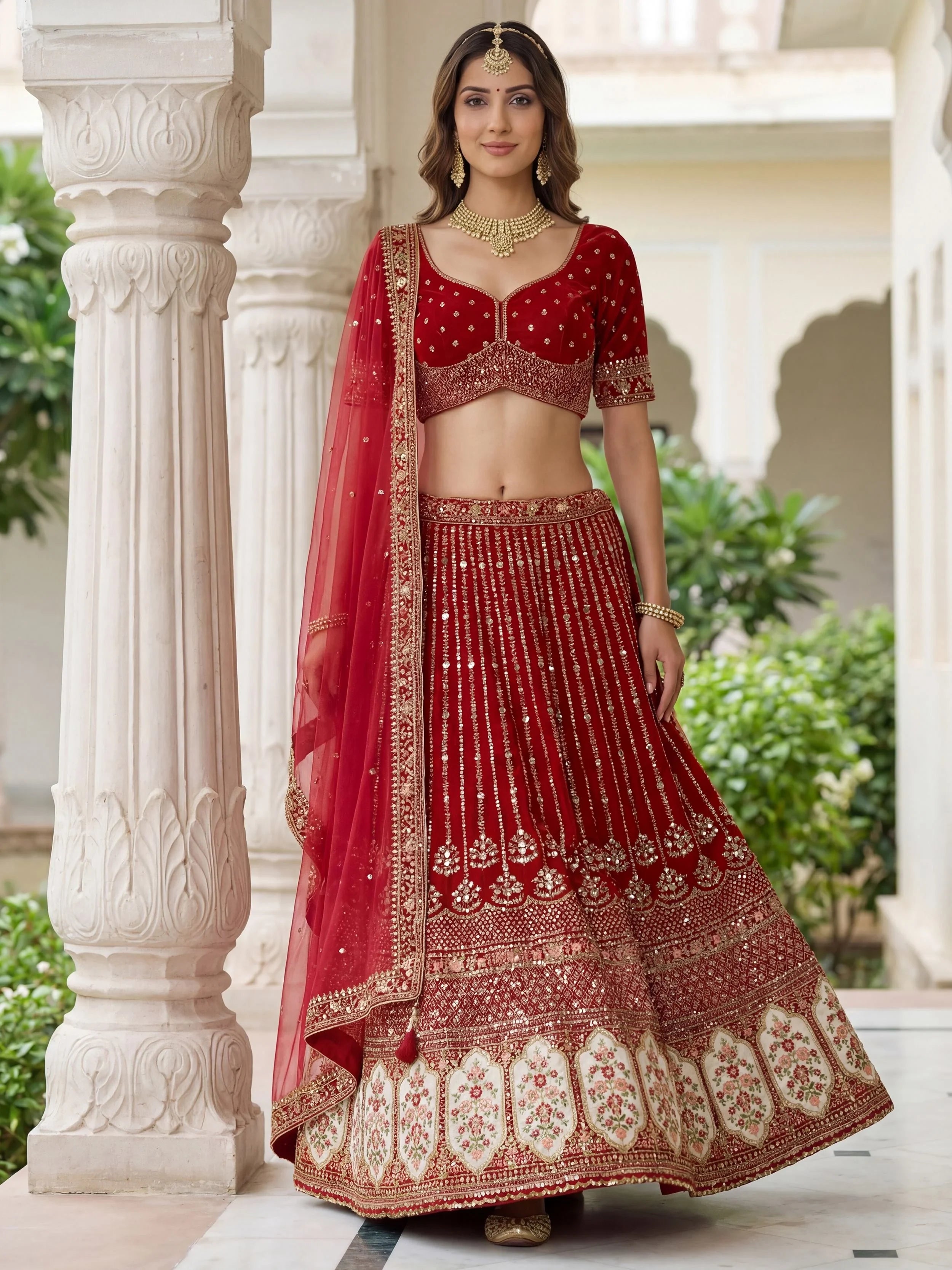 Incredible Maroon Embroidered Organza Bridal Lehenga Choli