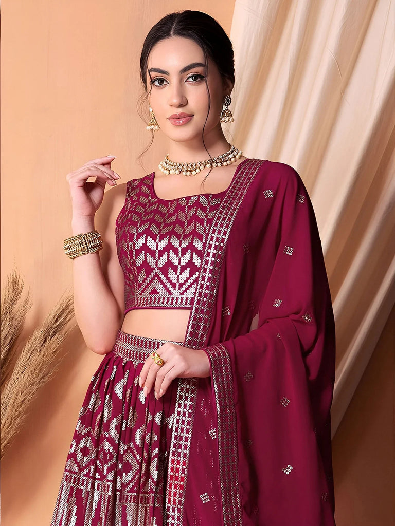 Stunning Dark Pink Sequins Georgette Lehenga Choli With Dupatta