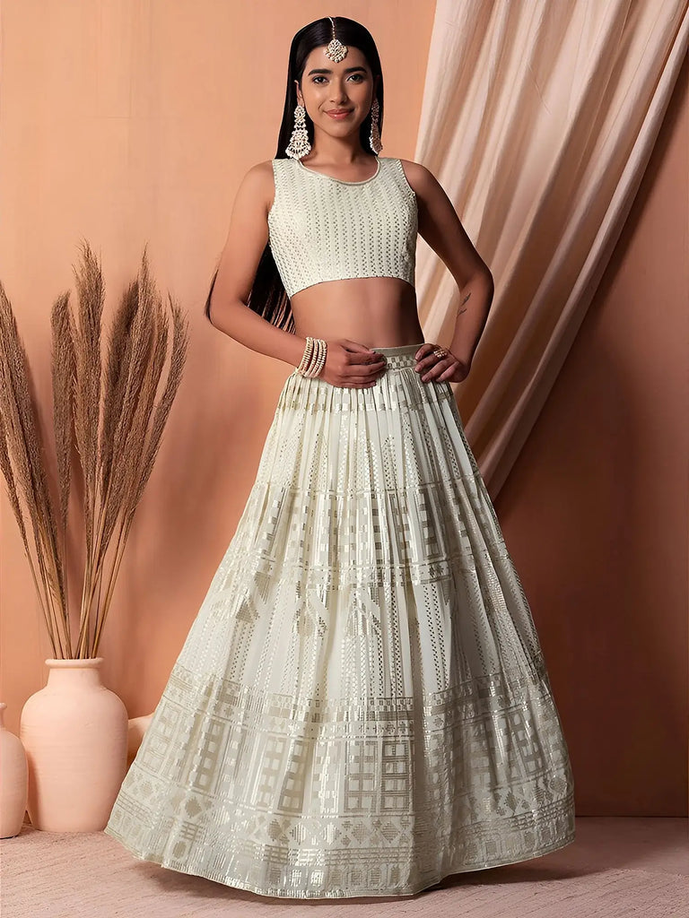 Awesome White Sequins Georgette Festival Wear Lehenga Choli With Dupatta