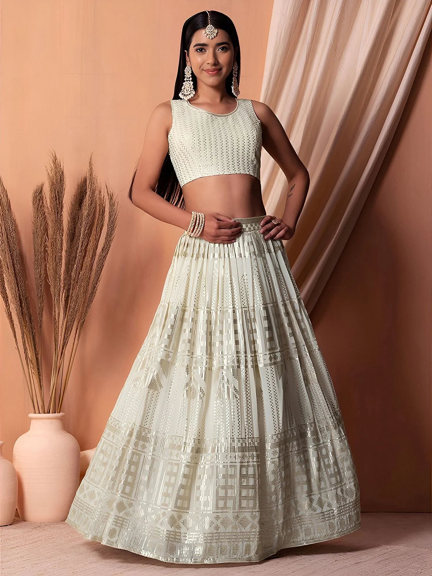 Awesome White Sequins Georgette Festival Wear Lehenga Choli With Dupatta