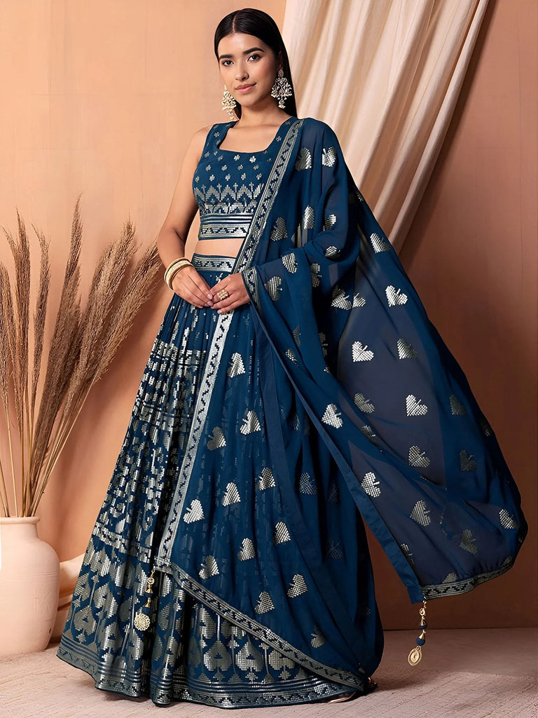 Dazzling Teal Blue Sequins Georgette Festival Wear Lehenga Choli