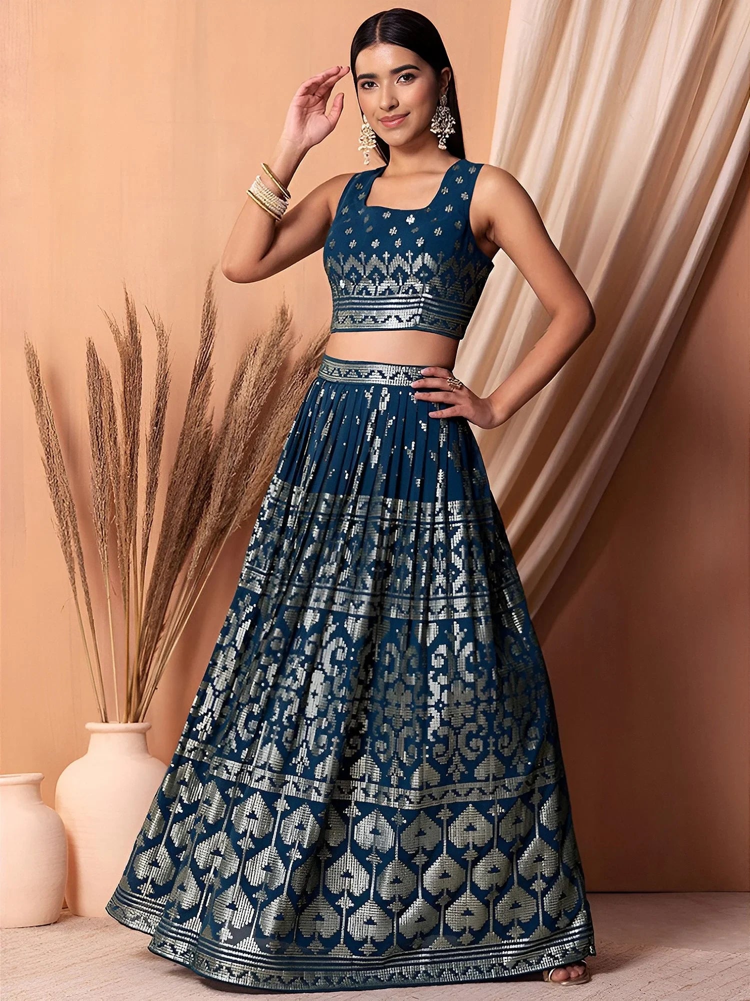 Dazzling Teal Blue Sequins Georgette Festival Wear Lehenga Choli