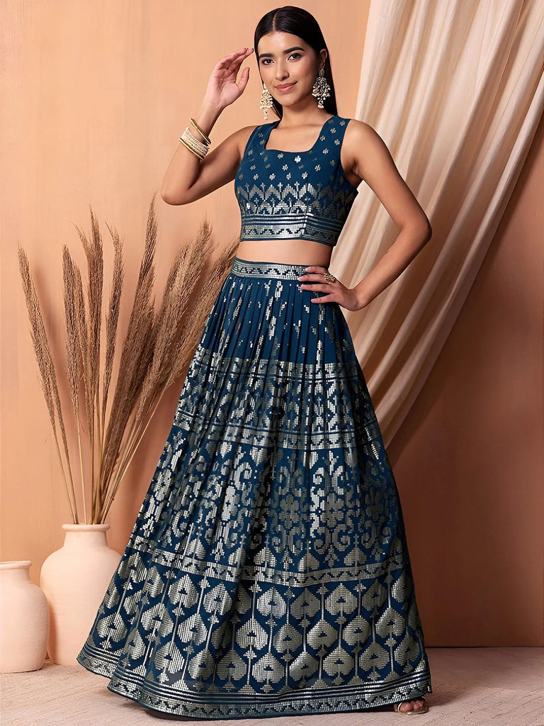 Dazzling Teal Blue Sequins Georgette Festival Wear Lehenga Choli