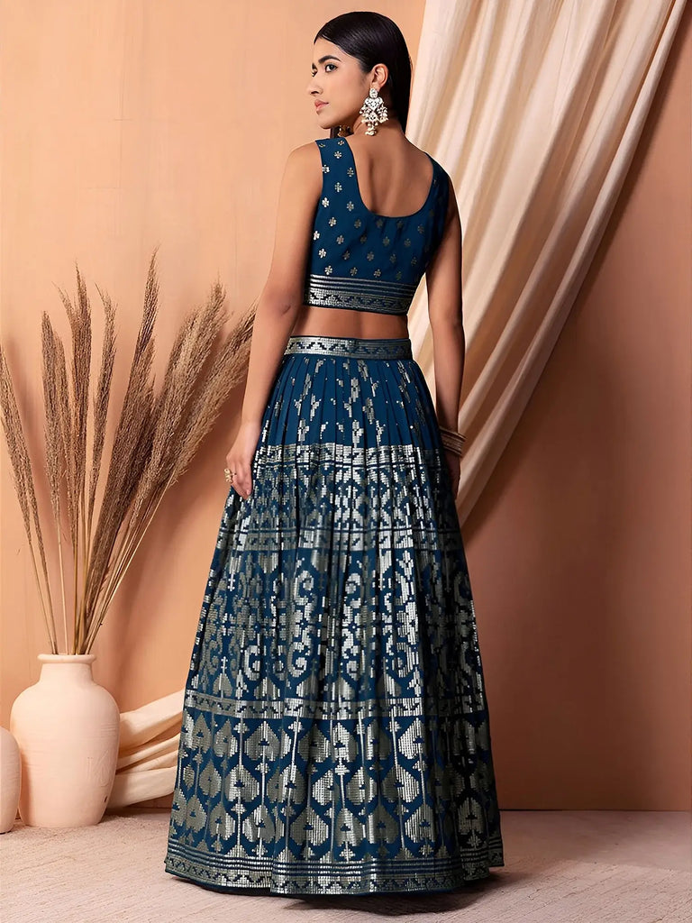 Dazzling Teal Blue Sequins Georgette Festival Wear Lehenga Choli