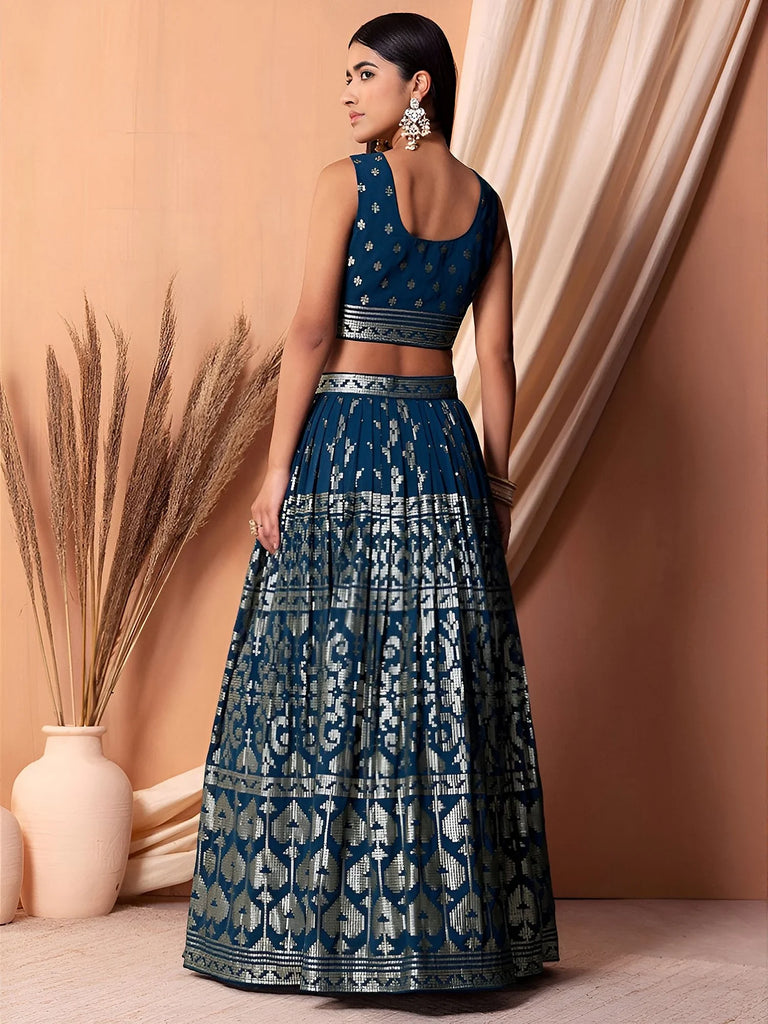 Dazzling Teal Blue Sequins Georgette Festival Wear Lehenga Choli