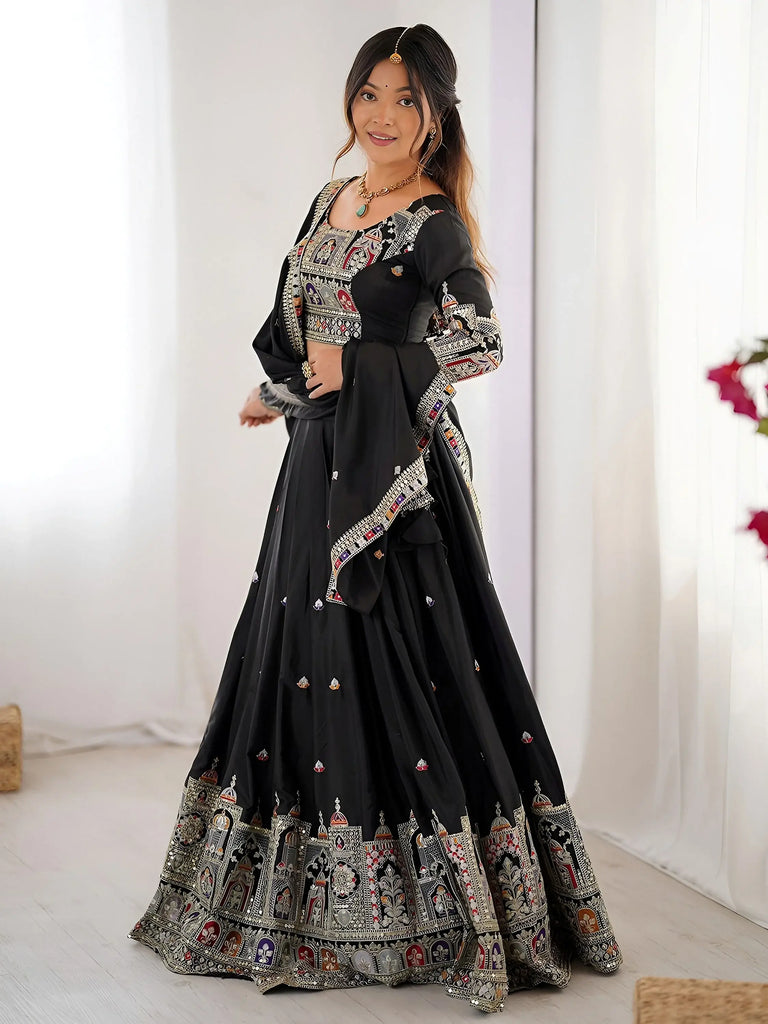 Amazing Black Thread Work Crepe Traditional Lehenga Choli With Dupatta