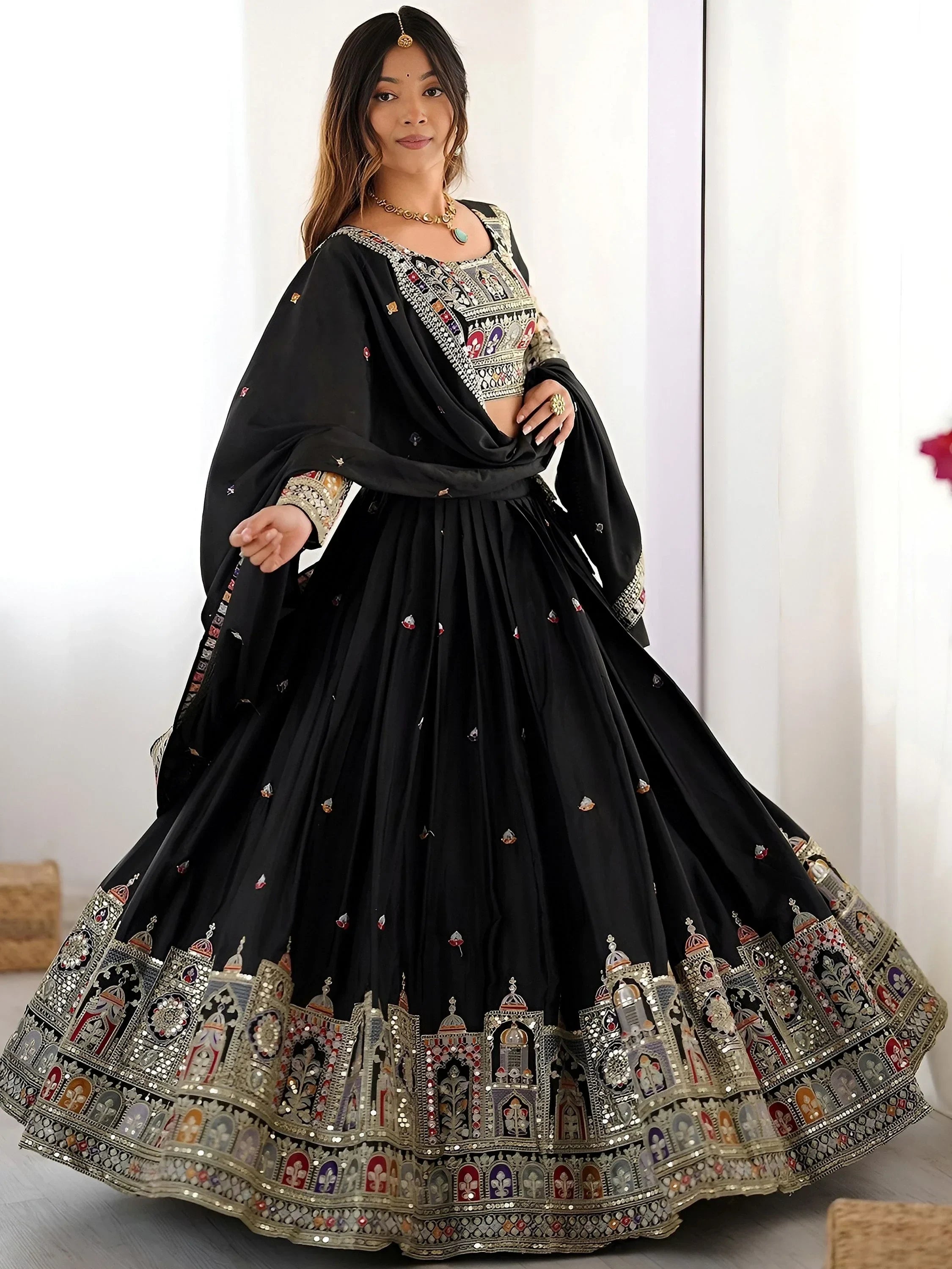 Amazing Black Thread Work Crepe Traditional Lehenga Choli With Dupatta