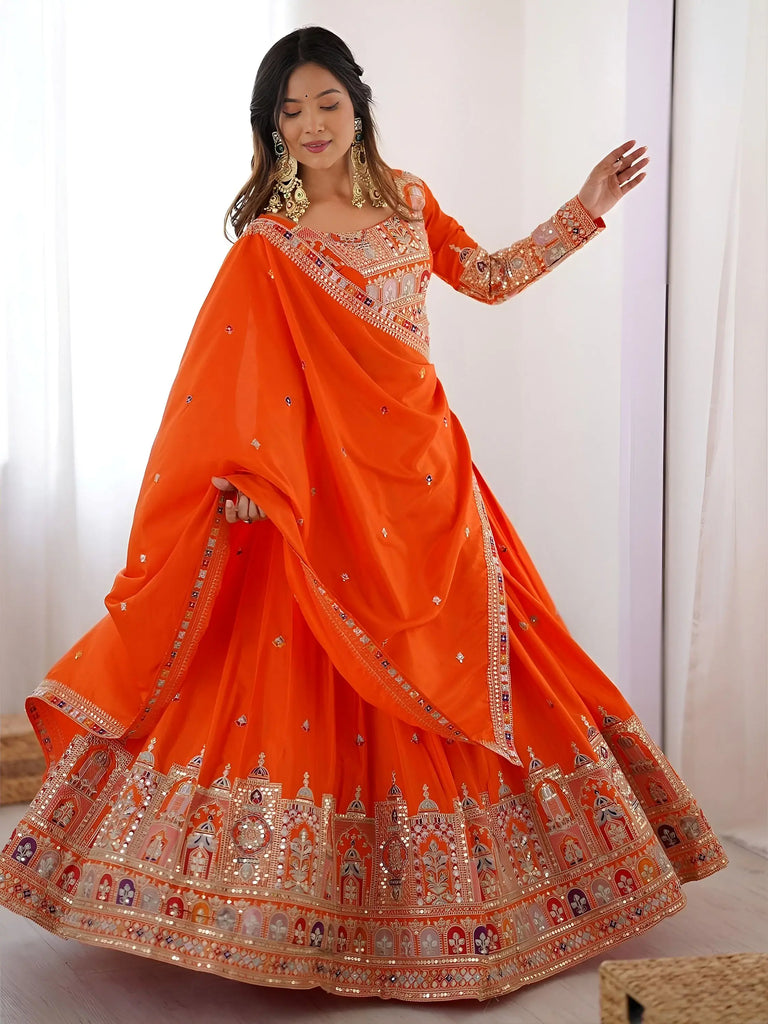 Attractive Orange Dori Work Crepe Festival Wear Lehenga Choli With Dupatta